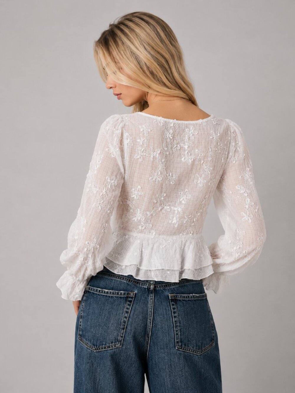 Women’s White Embroidered Lace Blouse Boho Peplum Long Sleeve V Neck Top - Picture 2 of 3